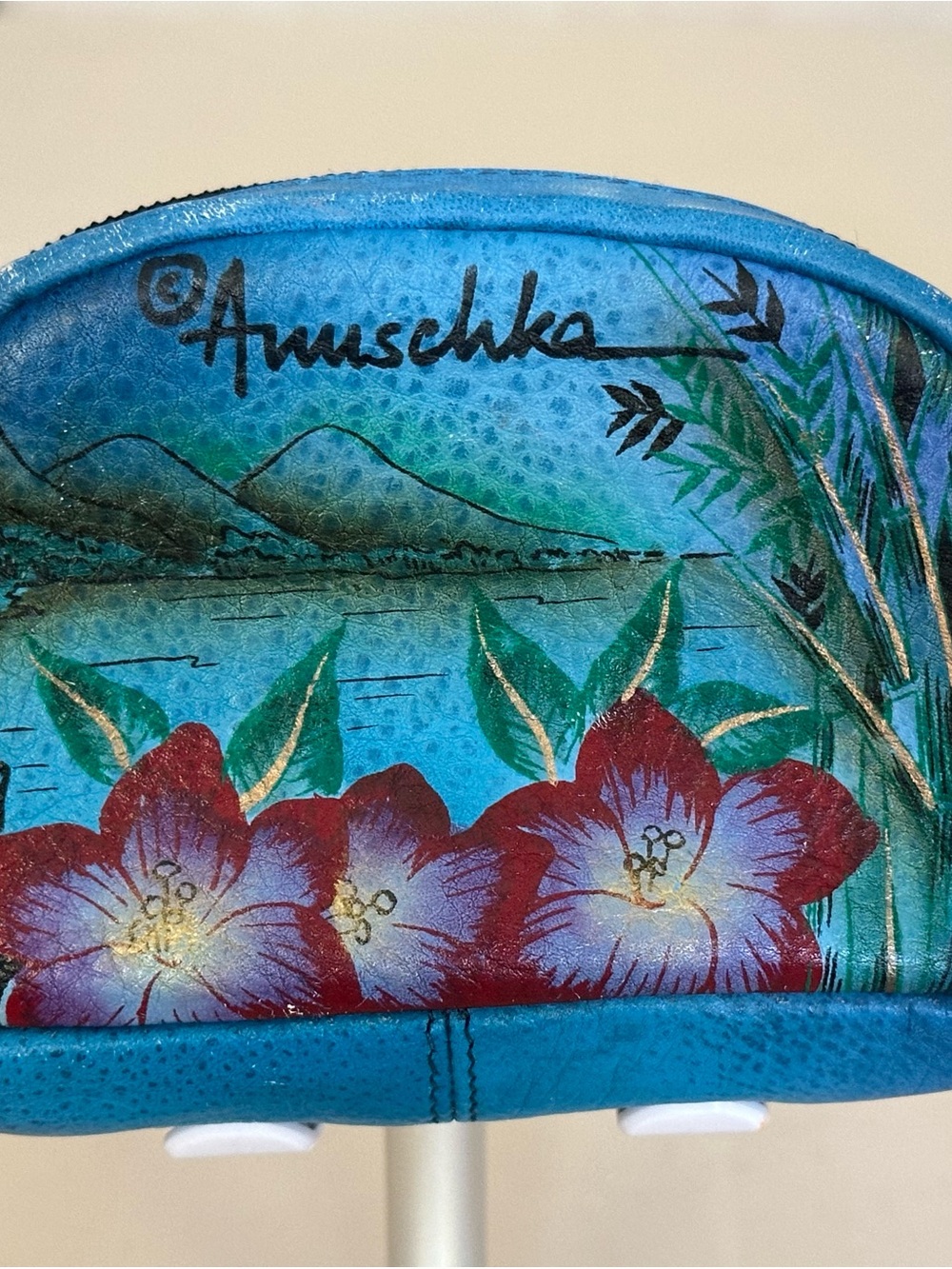 Anuschka Hand-Painted Turquoise Floral Leather Wallet/Coin Purse with Red Flower